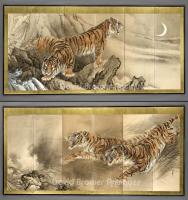 6 fold Japanese paper screens depicting 2 tigers 
