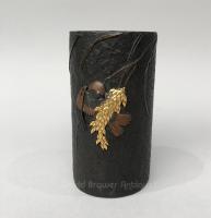 Japanese iron brush pot of a feeding sparrow. Meiji Period