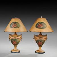Pair of 20th Century Urn Shaped Toleware Lamps With A Musical Theme