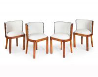 Set Of Four Walnut Art Deco White Leather Upholstered Dining Chairs