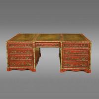 Magnificent large English library pedestal partners desk with chinoiserie decoration overall