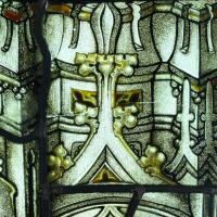 Stained glass panel of an elaborate gothic window. English, 19th century