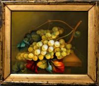 English Porcelain Still Life Plaque depicting Green Grapes on a Tabletop, In the manner of Thomas Steel, Circa 1830-40