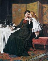 Genre oil painting of a mother and daughter by George Goodwin Kilburne