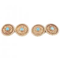 Antique Carved Gold Floral Cufflinks with Turquoise Centre, English circa 1840