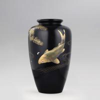 Japanese lacquer vase decorated with a koi carp signed Zohiko, late Meiji Period.