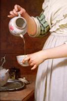 Genre oil painting of a maiden pouring tea by Pierre-Louis Bouchard