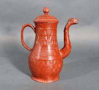 English Large Red-Glazed Engine-turned Bird-spout Coffee Pot & Staffordshire, Circa 1770