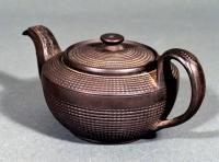 Antique English Engine-turned Black Jasperware Teapot, Possibly Leeds, Circa 1800