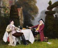 Genre oil painting of two gentlemen in a garden by Frank Moss Bennett