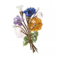 Viennese Botanical Spray Brooch in 14 Karat Gold of Carved Flowers in Coloured Stones, Austrian circa 1950