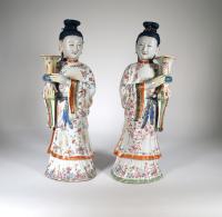 Chinese Export Pair of Maiden Candlesticks, Circa 1760-75
