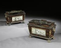 Rare Pair Of Regency Cast-Iron Sarcophagus Shaped Strong Boxes