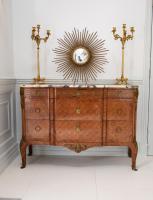 Late 19th Century French Gilt Bronze Mounted Tulipwood And Kingwood Marble Topped Commode