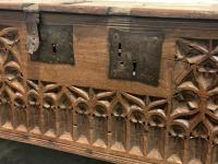 AN EXTREMELY RARE LATE 15TH CENTURY ENGLISH OAK GOTHIC TRACERY VESTMENT/SWORD CHEST. CIRCA 1480.