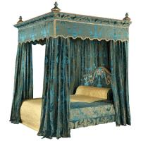Bed State, 19th Century, English Charles II-Style, Upholstered in Blue
