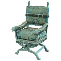 Armchair, X-Frame, 19th Century, English Jacobean-Style, Upholstered in a Green