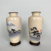 A fine pair of wireless Cloisonne vases depicting Mount Fuji and the rising Sun