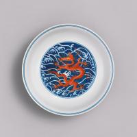 Chinese imperial porcelain blue ground iron-red dragon saucer dish