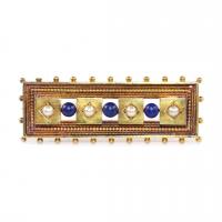 Victorian Etruscan Lapis & Pearl Brooch c.1870