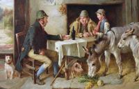 Genre oil painting of figures in a cottage with two donkeys, a pig and a dog by Charles Hunt Jnr