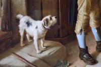 Genre oil painting of figures in a cottage with piglets & a pony, guinea pig, rabbit & dog by Charles Hunt Jnr