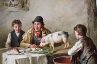 Genre oil painting of figures in a cottage with piglets & a pony, guinea pig, rabbit & dog by Charles Hunt Jnr