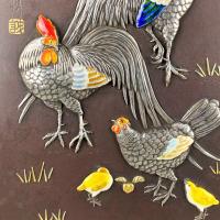 A Japanese multi metal decorative box and cover depicting a family of chickens