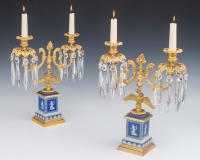 A Fine Pair of English Regency Period Candelabra on Blue Wedgwood Bases