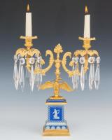 A Fine Pair of English Regency Period Candelabra on Blue Wedgwood Bases