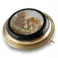 Gold mounted micromosaic brooch of the colosseum. Italian, c.1870