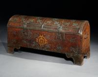 Arcon Chest Coffer Leather Armorial Spanish Baroque Gilded Brass Studwork Domed