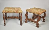 A rare pair of William and Mary oak stools with needlework covers, c.1690