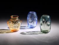 William Wilson Whitefriars Glass Vases Set 3 Amber Sapphire Seagreen