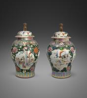 A pair of Chinese 'Famille-Rose' porcelain baluster jars & covers