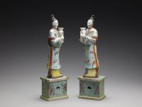 A Pair of Chinese 'Famille-Rose' Porcelain Female Figures, Qing Dynasty, Qianlong Period