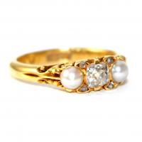 Victorian Diamond & Pearl Carved Ring c.1880