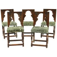 Chair Backstool Set of 5 Renaissance Oak English Architectural Velvet Sage Green