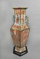 Pair of unusual Chinese Canton vases decorated with panels in iron red, c.1840