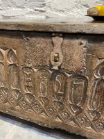 A MAGNIFICENT AND RARE IMPRESSIVE HENRY VIII CARVED OAK CHEST. DATED 1527.