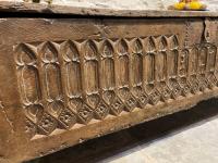 A MAGNIFICENT AND RARE IMPRESSIVE HENRY VIII CARVED OAK CHEST. DATED 1527.