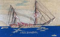 British Sailor's Woolwork Picture of H.M.S. Bombay on Fire, (December 22, 1864) Circa 1865
