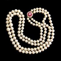 2 Row Graduated Pearls, Ruby & Diamond Clasp c.1950
