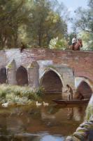 Landscape oil painting of a bridge over a river by Sir David Murray