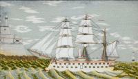 British Sailor's Woolwork Picture of a Ship on Unusual Green Sea,