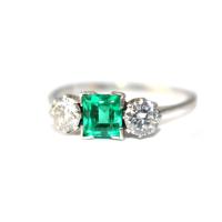 Art Deco Square Emerald & Diamond 3 Stone Ring c.1935 | BADA