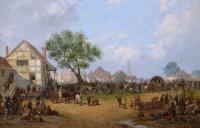 Landscape oil painting of a village fair by John Holland Snr
