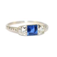 Art Deco Sapphire & Diamond 3 Stone Ring c.1930