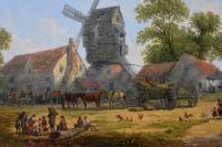Landscape oil painting of a village tavern with a windmill by John Holland Snr