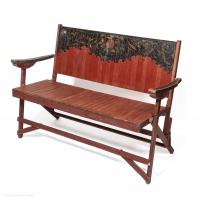 Bench Garden Painted Beech Portable Oxblood Red Folk Naïve Country Floral Fruit